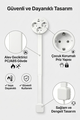 Teleskopik Çoklu Priz 3 Lü Topraklı + Usb-c & Usb-a, Yükseklik Ayarlı, Işıklı Anahtarlı Uzatma Prizi 0.7 M