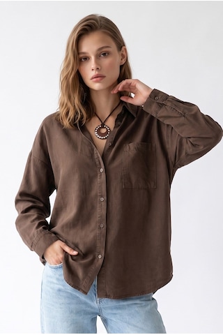 Mixray 4963 Kadın Tencel Kumaş Oversize Cepli Uzun Kollu Gömlek Kahve