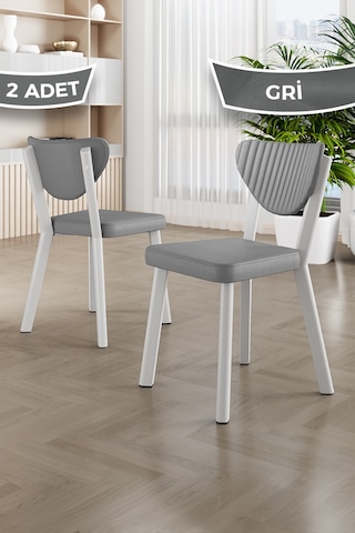 Fubi Serisi 2 Adet Deri Mutfak,cafe, Restaurant Sandalyesi Beyaz Metal İskeletli Gri Sandalye Beyaz İskelet
