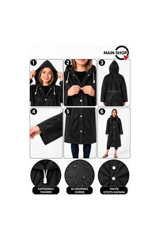 Mainshop Unisex Yağmurluk Kapüşonlu Çıtçıtlı Su Geçirmez Uzun Yağmurluk Kadın Erkek Siyah