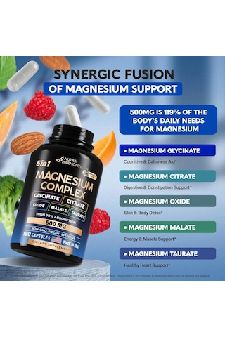 Magnesium 5-in-1 Complex Glycinate, Citrate, Oxide, Malate & Taurate 500 Mg 180 Capsules