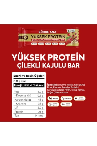 Çilekli Kajulu Yüksek Proteinli Bar, Şeker İlavesiz 40 Gr X 12 Adet