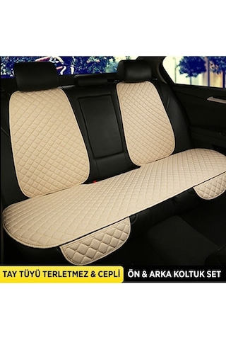 Tay Tüyü Cepli & Terletmez Sırtlı Oto Koltuk Minder Seti - Koltuk Koruma Kılıfı - Ön Ve Arka Koltuk Minder Set Bej