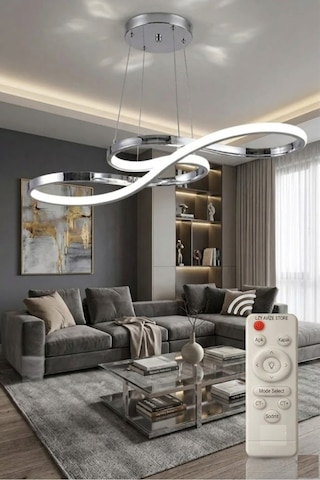 Infinity Krom Kıvrımlı Kumandalı Modern Led Avize 3 Renk Salon, Yemek Masası Ve Mutfak İçin Gümüş