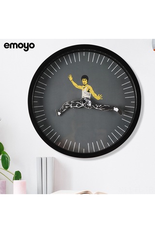 Lemestar Kung Fu Temalı Sessiz Duvar Saati -李小龙 Desenli Ev Dekorasyonu - Siyah Yuvarlak Ev Saatleri Çok Renki