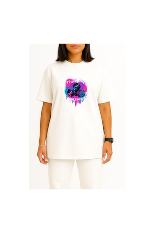 Bahriyeli Collection Oversize Bu Benim Terapim Dumbell Fitness Gym Göğüs Baskılı Unisex T-shirt Beyaz