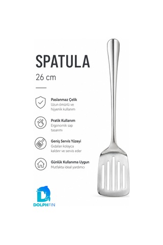 26 Cm Paslanmaz Çelik Delikli Servis Spatulası Uzun Saplı Geniş Yüzeyli Gümüş