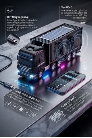 Bluetooth Hoparlör Güneş Enerjili Tır Tasarımlı Fm Usb Aux Speaker D45 Siyah