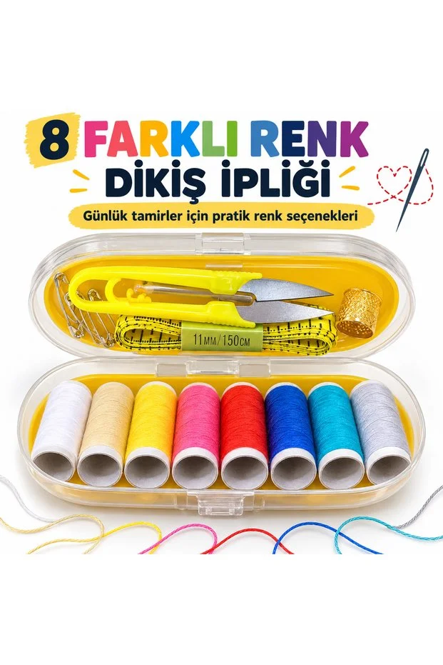Taşıma Kutulu Dikiş Seti 8 Renk İplik İğne Makas Mezura Yüksük Tamir Seti