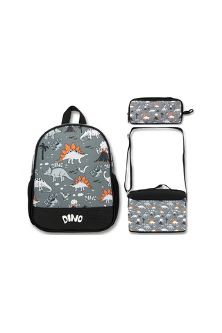 Famebag-ümit Çanta Siyah Gri Dinazor Anaokulu Çantası 3'lü Set