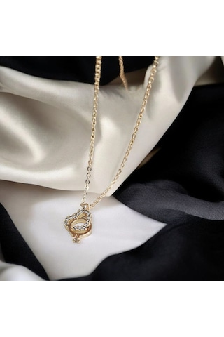 Altın Renk Kalp Ve Yüzük Motifli Taşlı Kolye Anlamlı Kadın Takı Gold