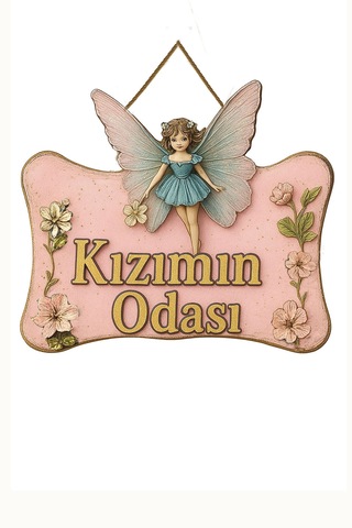 Kızımın Odası Yazılı Melek Tasarımlı Ahşap Mdf Kapı Süsü - Uv Hd Baskılı Eskitme Açık Pembe