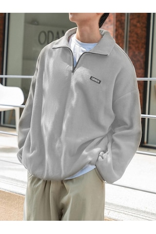 Genıus Store Erkek Polar Oversize Sweatshirt Polar Sweatshirt Gri