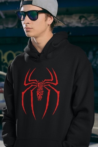 Sevbano Spider-man Logo Baskılı Unisex Oversize Örümcek Adam Hoodie Siyah