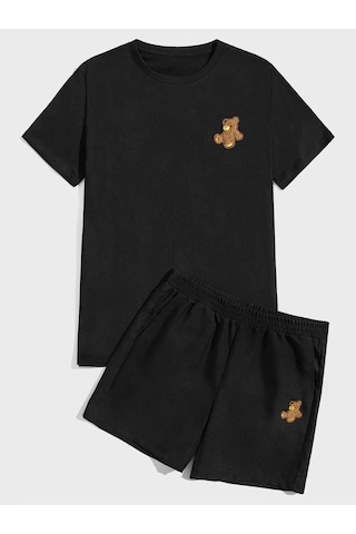 Ayıcık T-shirt Şort - Siyah Alt Üst Kombin Şort Tişört Takım Baskılı Oversize Bisiklet Yaka Siyah