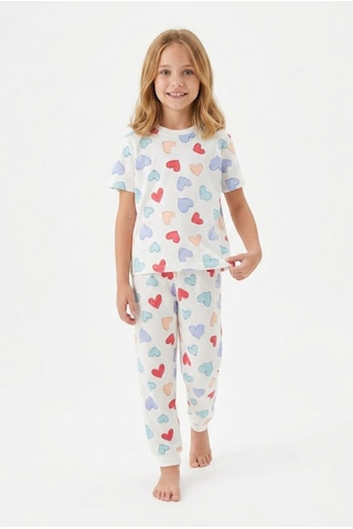 Alkın Kids 3-13 Yaş Kız Çocuk Kalp Desenli %100 Pamuklu Kısa Kollu Pijama Takımı Beyaz