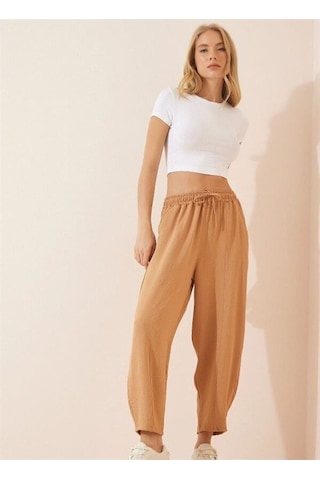 Chiklet Belden Lastikli Ayrobin Şalvar Pantolon Bisküvi Camel