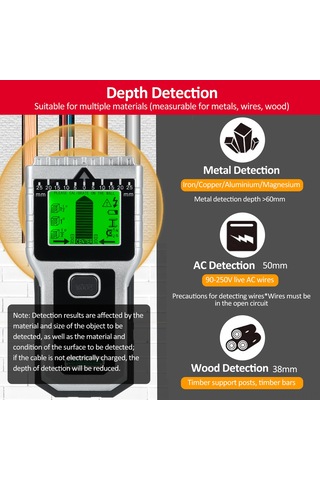Vkemall T30 Duvar Dedektörü: Çelik/metal/ağaç/tel Tespiti, 5 Mod, 38mm/60mm/51mm Derinlik, Lcd Ekran, Seviye Ve Cetvel Özelliği, Pil İle