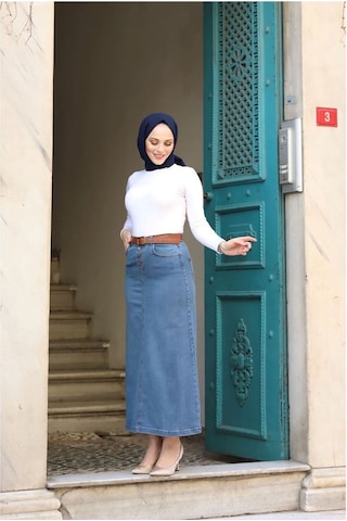 Vellichor Doğal Kumaşlı Kemerli Kot Etek Mavi Çok Renkli