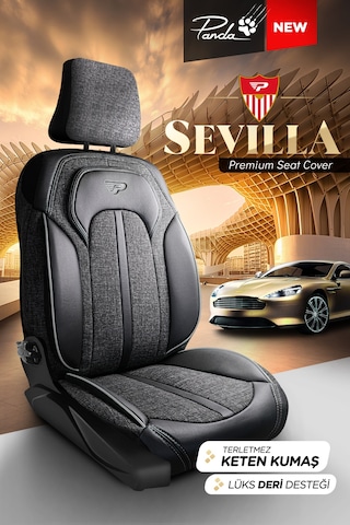 Füme - Gri Panda Sevılla Serısı Keten Kumaş Oto Koltuk Kılıfı - Tam Set
