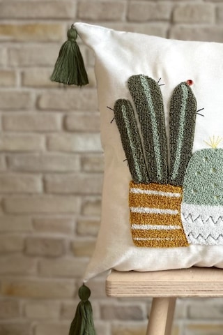 Swita Home Punch İşlemeli Kaktüs Desenli Dekoratif Keten Kırlent Kılıfı Karışık