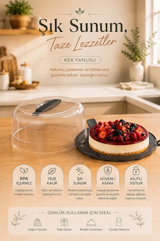 Porsima L-501 Caramel Kek Saklama Taşıma Kabı Fanusu Gri