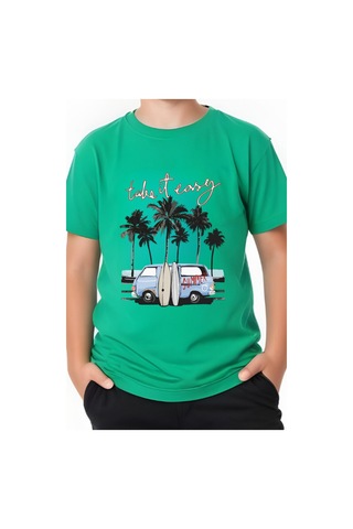 Panios Kids Summer Van Baskılı Erkek Çocuk Yuvarlak Yaka Kısa Kollu T-shirt Yeşil