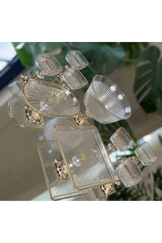 Çnr Home Collection Paşabahçe Gold Detayli Metal Ayakli Senum & Servis Seti Pasta, Magnolia, Kurabiyelik Gold