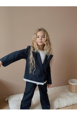 Miniko Kids Kız Çocuk Poliviskon Çizgili Blazer Ceket Pantolon Dokuma Kumaş Takım Lacivert