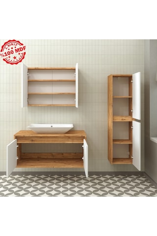 Banos Roomart Lavabolu Ahşap-Mat Beyaz 100Cm Banyo Dolabı+Aynalı Beyaz