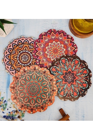 Renkli Desenli Nihale Ahşap Çaydanlık Tencere Tava Altlığ 4lü Set