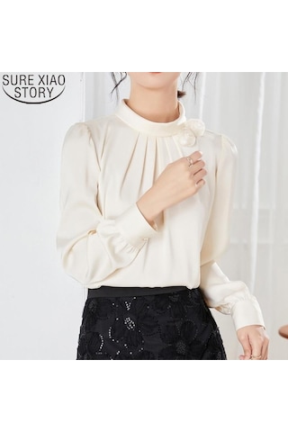 Zarif Ofis Kadın Çiçek Dekorasyon Saten Bluz Şifon Gömlek Kadın Üstleri Sonbahar Standı Yaka Uzun Kollu Elbise 23174 Kayısı Açık Bej