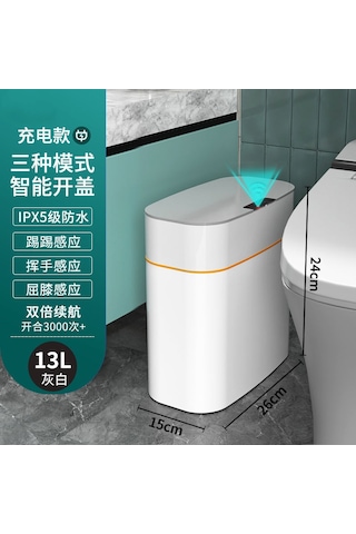 Otomatik Akıllı Lüks Banyo Usb Şarjlı Çöp Kovası 13 Litre Gri