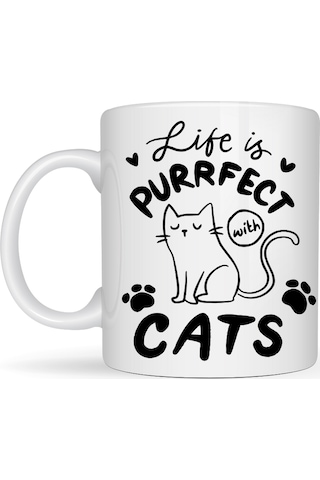 Life İs Purrfect With Cats Kedi Desenli Porselen Kupa Model 62 Sevimli Kedi Figürlü Kahve Kupası Diğer