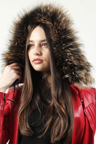 Dericlub Yb-2096 Kapşonlu Gerçek Deri Kadın Kaban Kırmızı