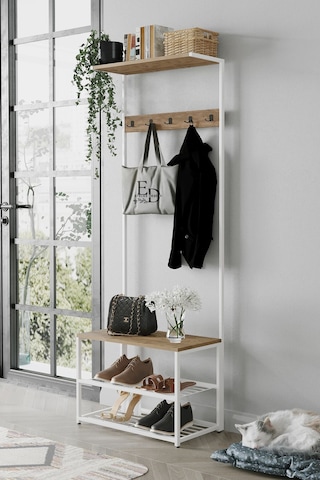 Ruby Vestiyer , Portmanto , Askılık , 3 Raflı Ayakkabılık , Beyaz Metal - Atlantik Çam Tabla