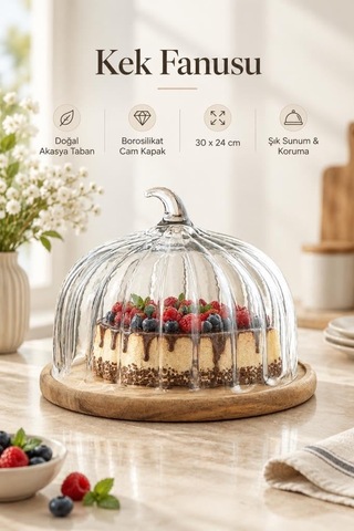 Akasya Ahşap Tabanlı Cam Kek Fanusu 30x24 Cm - Kapaklı Pasta Ve Tatlı Sunumluğu