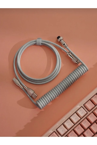 Mekanik Klavyeler İle Uyumlu Coiled Cable- Örgülü Sarmal Type-c Klavye Kablosu Gri