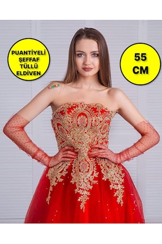 Uzun Boy Kırmızı Puantiyeli Kırmızı Renk Yetişkin Tül Eldiven 55 Cm Çok Renkli