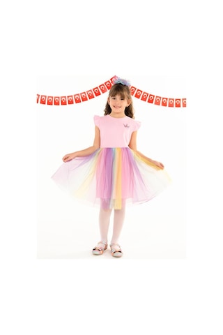 Civil Girls Renkli Tüllü Kaşkorse 4-9 Yaş Elbise Pembe