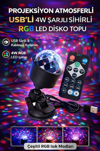 Rgb Led Disko Topu Usb Şarjlı Projeksiyon Işığı 360 Döner Renkli Parti Atmosfer Lambası