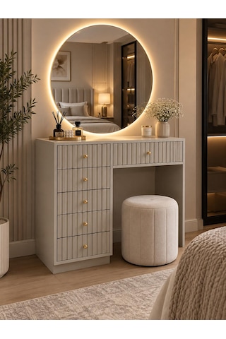 Led Aynalı Çıtalı Çekmeceli Makyaj Masası Bej
