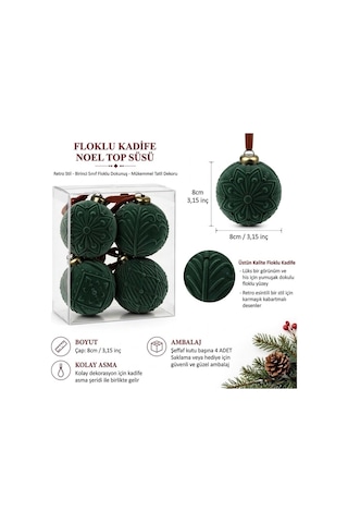Yeşil Kadife Yılbaşı Ağaç Süsü 4'lü Set Kabartma Desenli Lüks Floklu Top Süsler 8 Cm