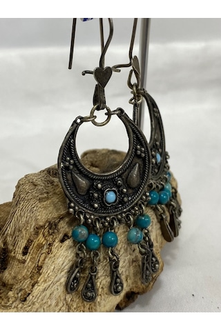 Gümüş Mavi Taşlı Otantik Kadın Küpesi Gümüş