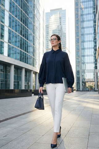 Lela Regular Fit Dikiş Detaylı Düz Yaka Balon Kol Bayan Gömlek 611Go00003 Lacivert