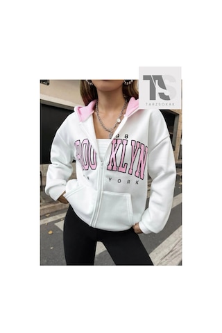 Tarzsokak Beyaz Pembe Kapüşonlu Fermuarli Brooklyn Oversize