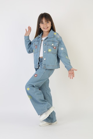 Moonch Papatya Ve Çiçek Nakışlı Kız Çocuk Denim Ceket&pantolon Takım Mavi