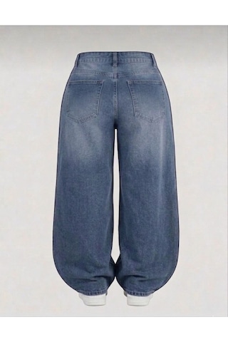 St.poll Eskitme Yıkamalı Unisex Büyük Beden Baggy Jean Pantolon Mavi