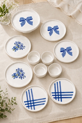 Blue Gift 6 Kişilik 11 Parça Seramik Kahvaltı Takımı Mavi Desenli Modern Sunum & Pasta Tabağı Seti Beyaz