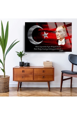 Türk Bayrağı Ve Atatürk 2 Ev Ofis Okul Için 4mm Kırılmaz Temperli Yüksek Çözünürlüklü Cam Tablo